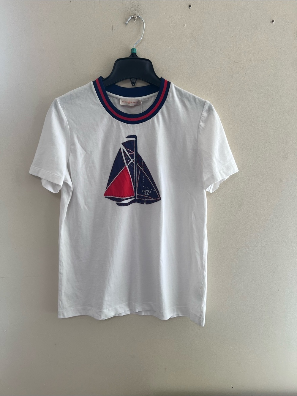 Tory Burch White Tee with Navy & Red Sailboat Graphic
